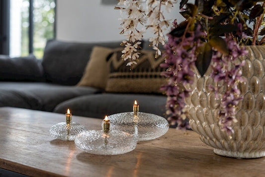 Olielamp Disc, gehamerd glas messing